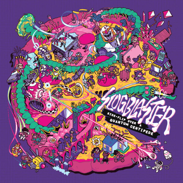Cover art of Slugblaster, text says "Slugblaster: Kick-flip over a quantum centipede."