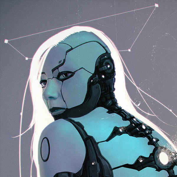 Headshot of a robotic-looking anthroid looking back over their left shoulder towards the camera.